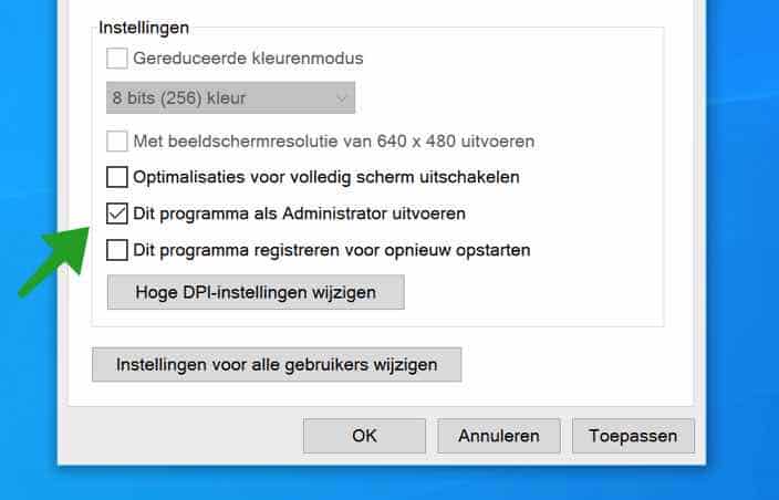 Dit programma uitvoeren als Administrator