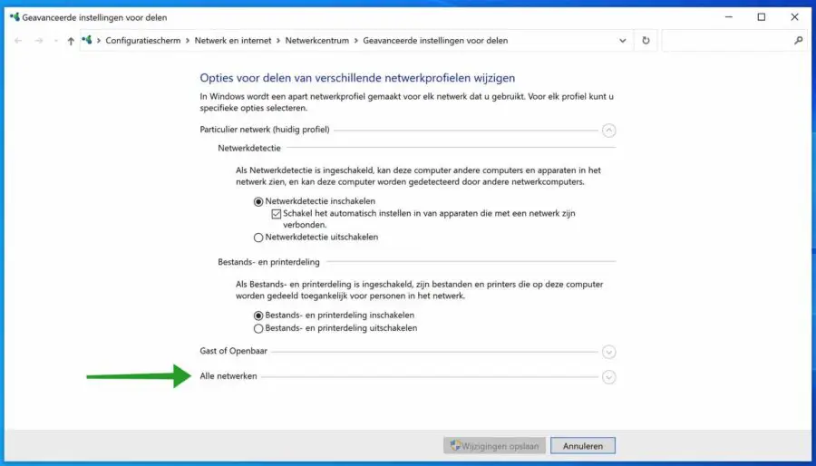 Geavanceerd delen instellingen in Windows
