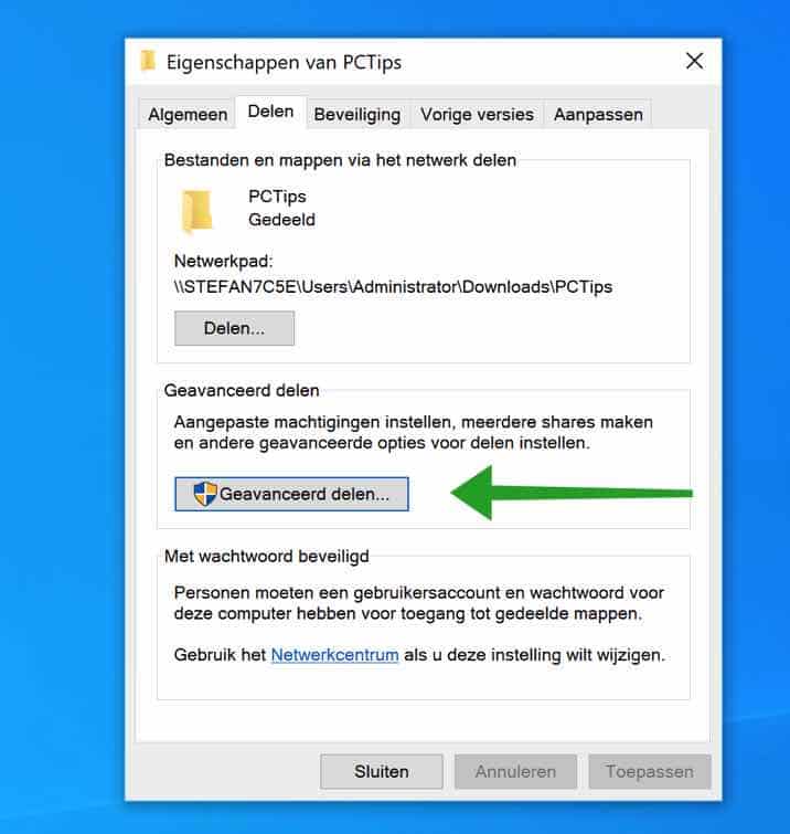 Gevanceerd delen in Windows