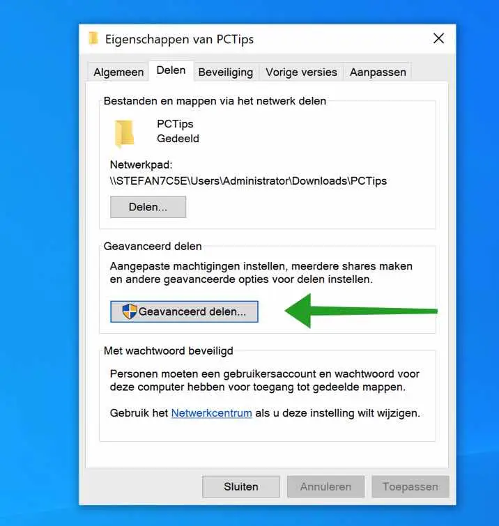 Gevanceerd delen in Windows