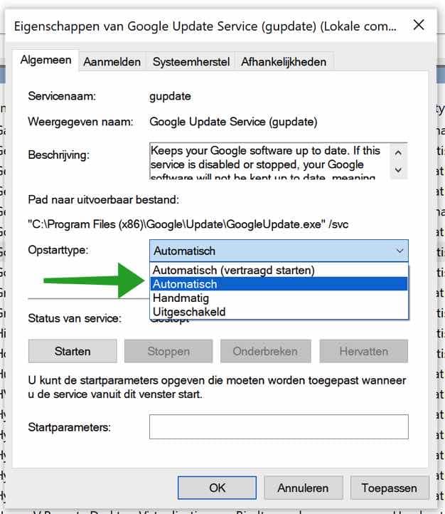 Google update service aanpassen naar automatisch opstarten