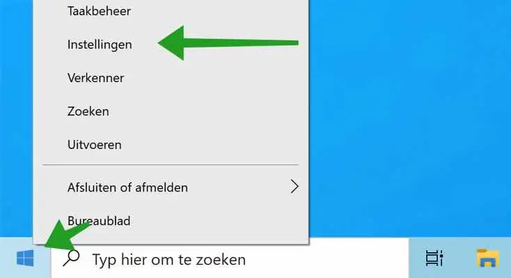 Instellingen in het Windows start menu