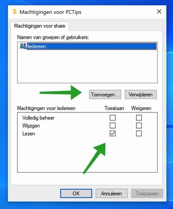 Machtigingen toevoegen aan een gedeelde map in Windows