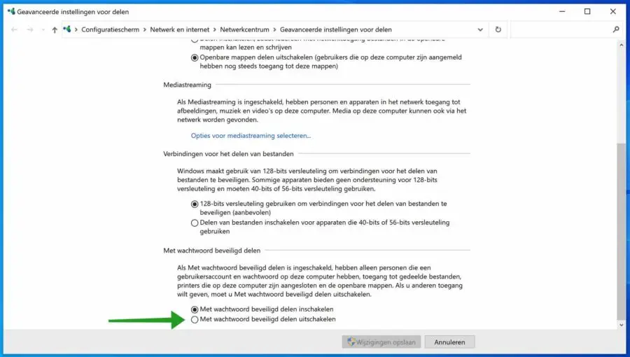 Met wachtwoord beveiligen delen uitschakelen