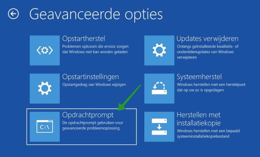 Opdrachtprompt openen in Geavanceerde opties in Windows