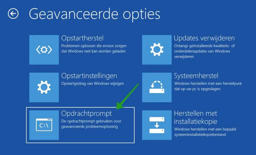 Opdrachtprompt openen in Geavanceerde opties in Windows