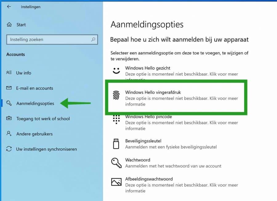 Anmeldeoptionen – Anmeldung per Fingerabdruck in Windows