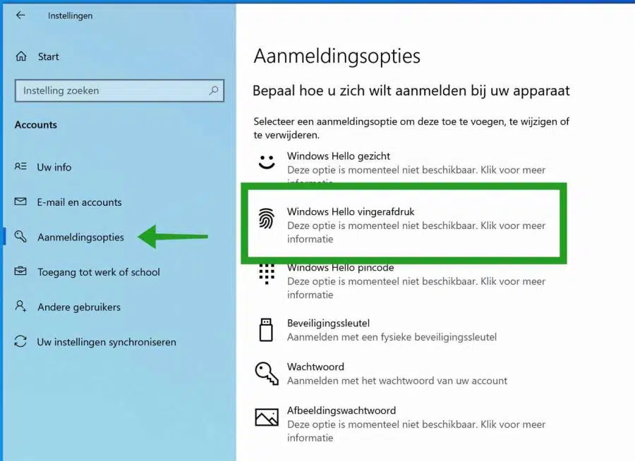 Aanmeldopties - Inloggen met vingerafdruk in Windows