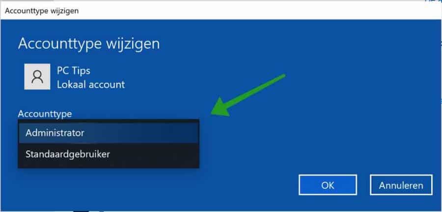 Accounttype aanpassen voor gebruiker in Windows