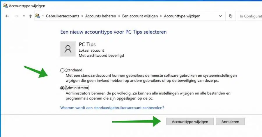 Accounttype selecteren in Windows