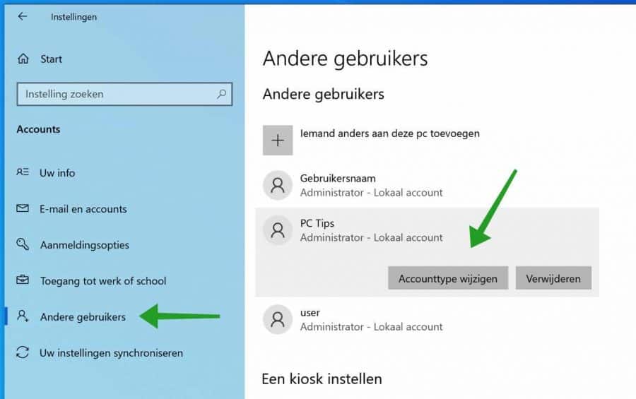 Accounttype wijzigen in Windows