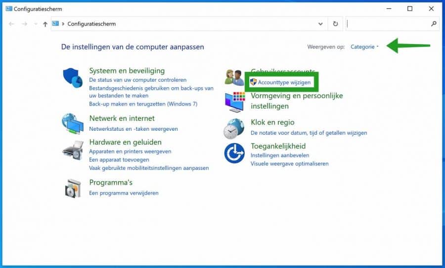 Accounttype wijzigen via configuratiescherm