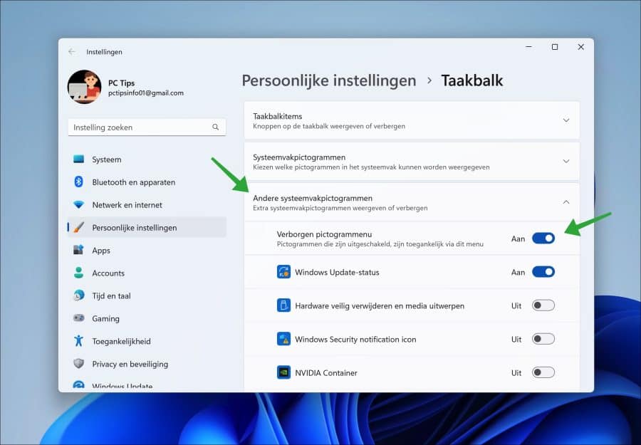 Andere systeemvak pictogrammen in Windows 11