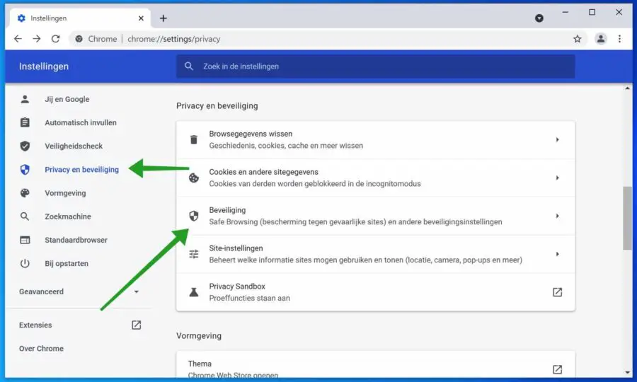 Beveiliging instellingen Google Chrome