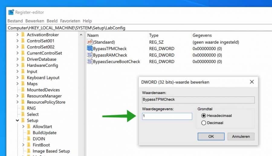 BypassTPMCheck waarde 1