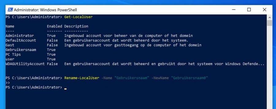 Gebruikersnaam wijzigen in Windows via PowerShell