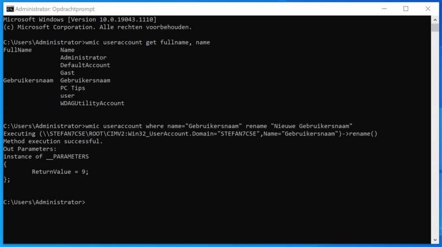 Gebruikersnaam wijzigen via wmic in Windows Opdrachtprompt