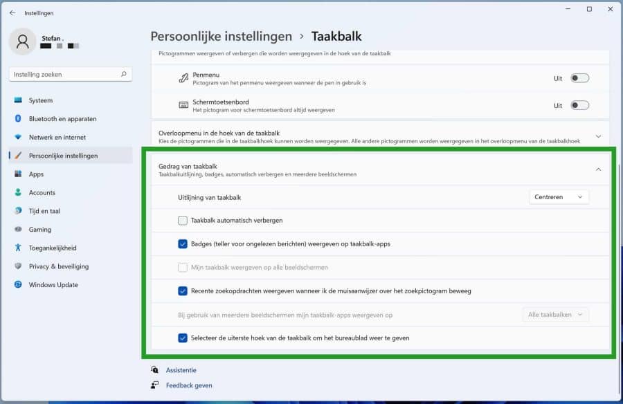 Gedrag van de taakbalk aanpassen
