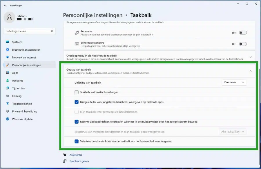Gedrag van de taakbalk aanpassen