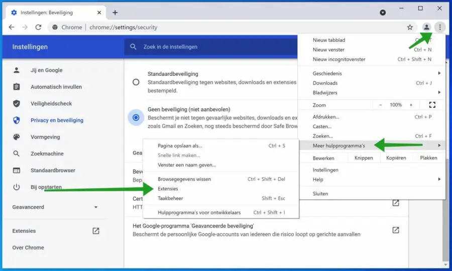 Google chrome beveiliging extensies