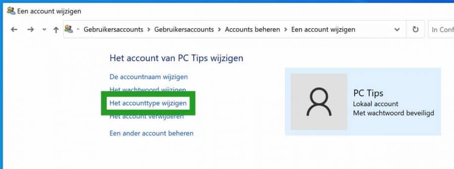 Het accounttype wijzigen in Windows
