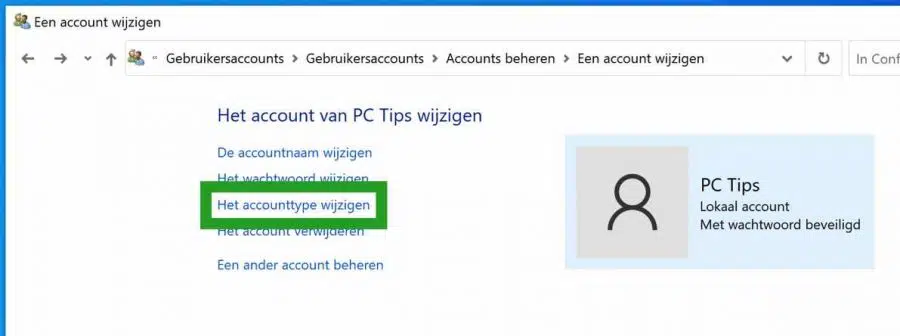 Het accounttype wijzigen in Windows
