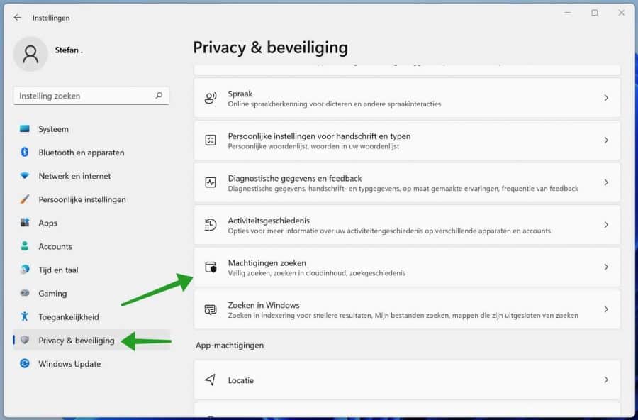 Machtigingen zoeken aanpassen in Windows 11