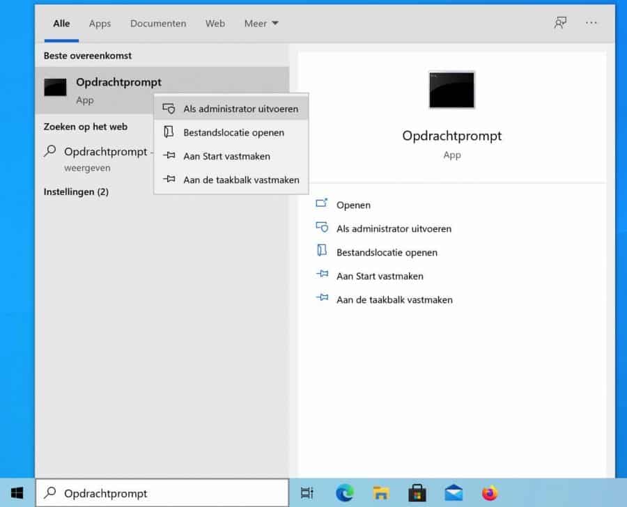 Opdrachtprompt als Adminstrator uitvoeren