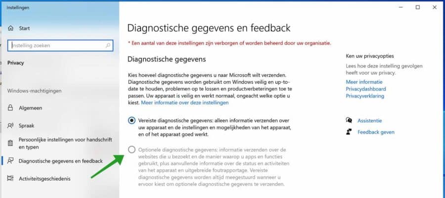 Optionele diagnostische gegevens uitgeschakelt