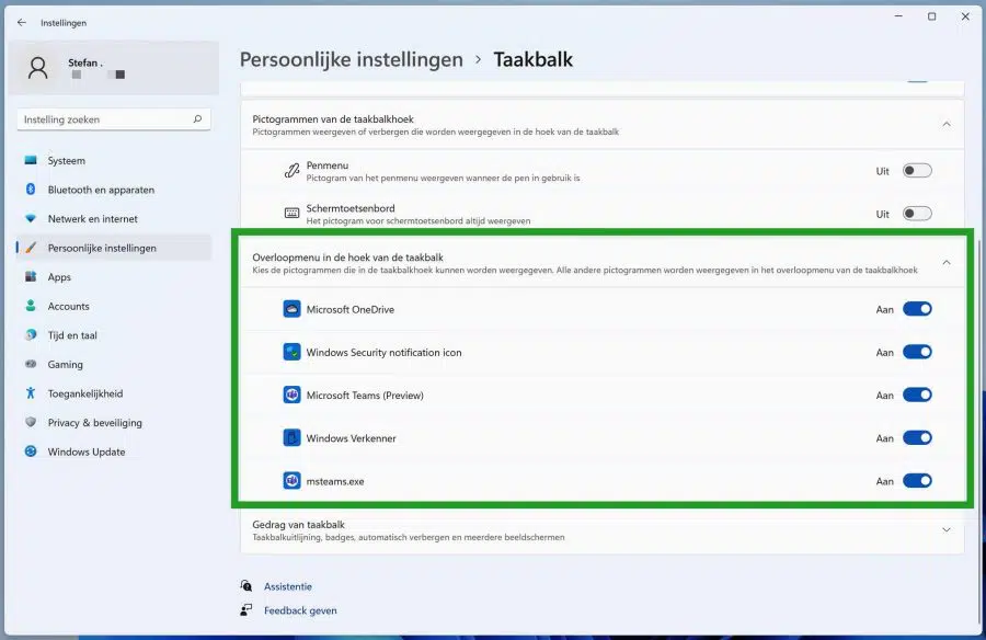 Overloopmenu in de hoek van de taakbalk