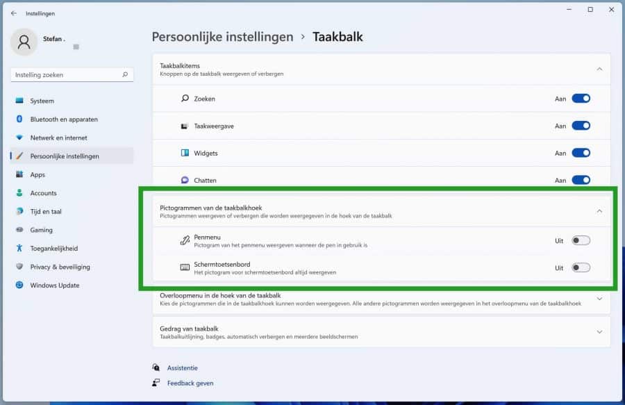 Pictogrammen van de taakbalkhoek aanpassen