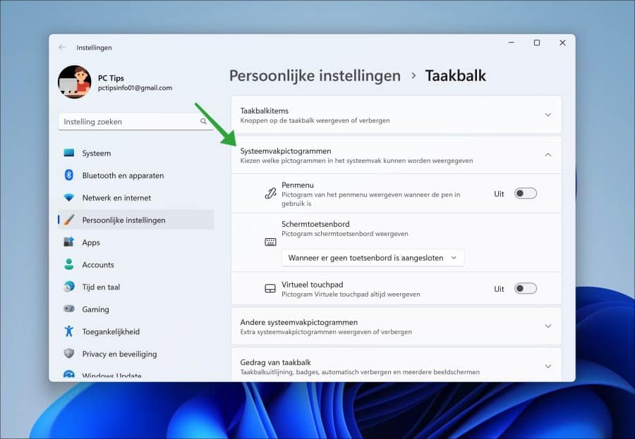 Systeemvak pictogrammen in Windows 11