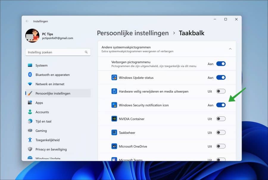 Systeemvakpictogrammen weergeven of verbergen in Windows 11