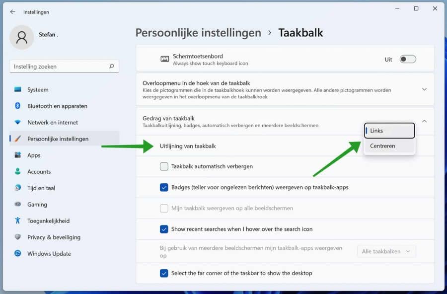 Mover la barra de tareas y el menú de inicio a la izquierda en Windows 11