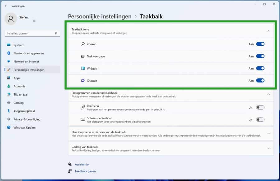 Taakbalk items aanpassen