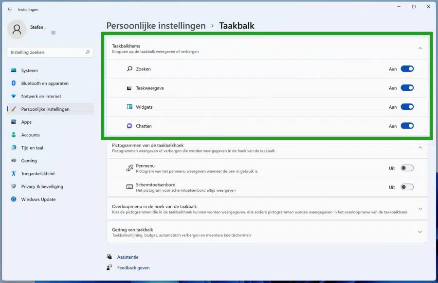 Taakbalk items aanpassen