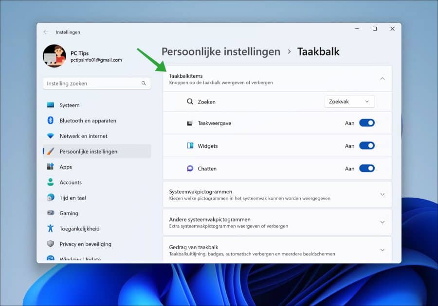 Taskbar items in Windows 11