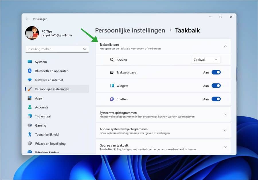 Taakbalkitems in Windows 11