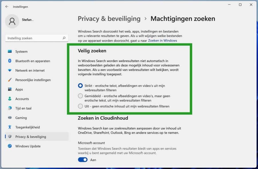 Veilig zoeken aanpassen in Windows 11