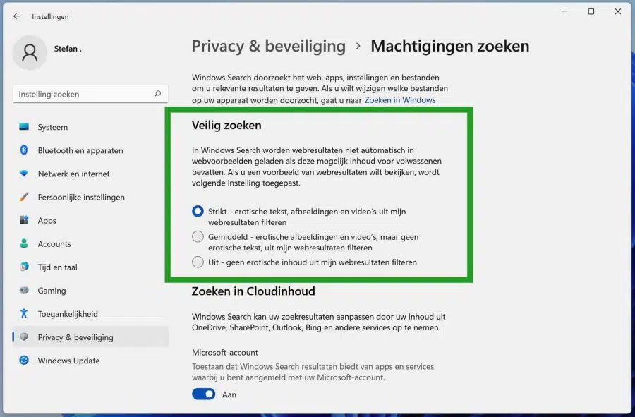 Veilig zoeken aanpassen in Windows 11