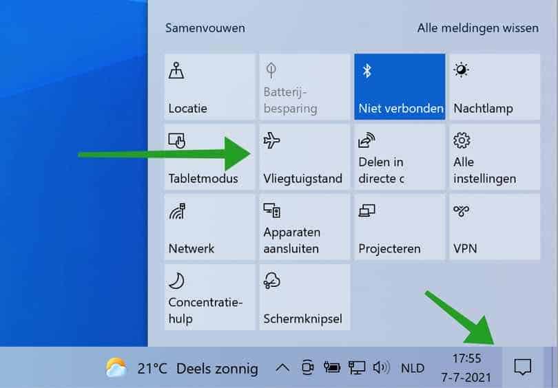 Vliegstand in- of uitschakelen in Windows