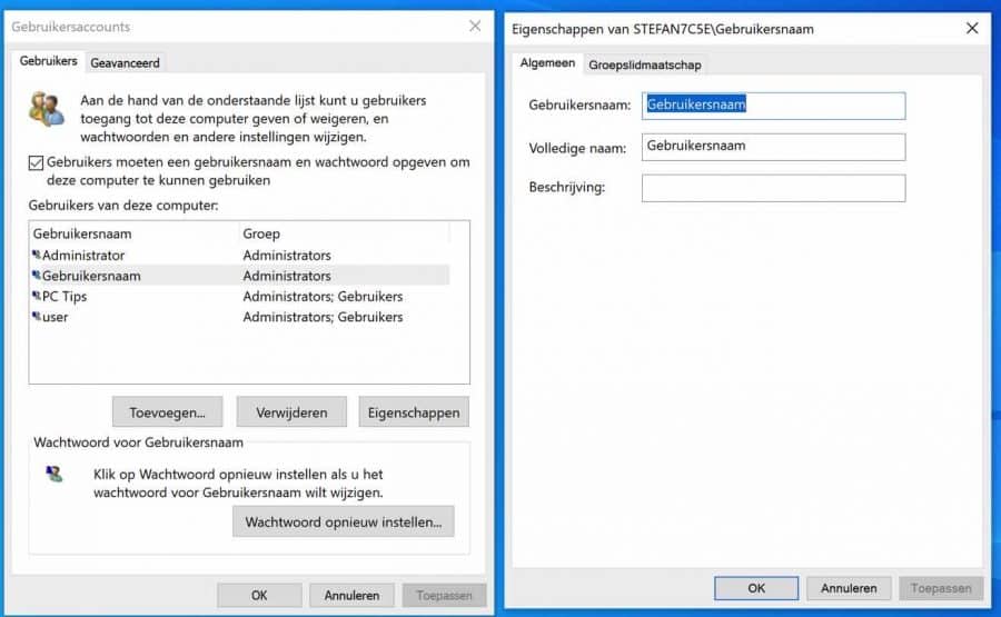 Windows gebruikersnaam wijzigen via netplwiz