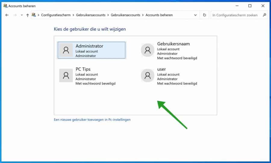 Windows lokaal account selecteren