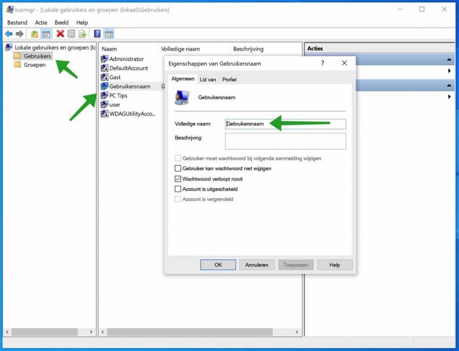 gebruikersnaam wijzigen via lokale gebruikers en groepen