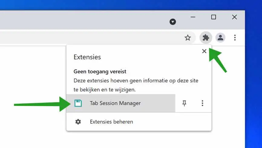 tab session manager instellingen openen