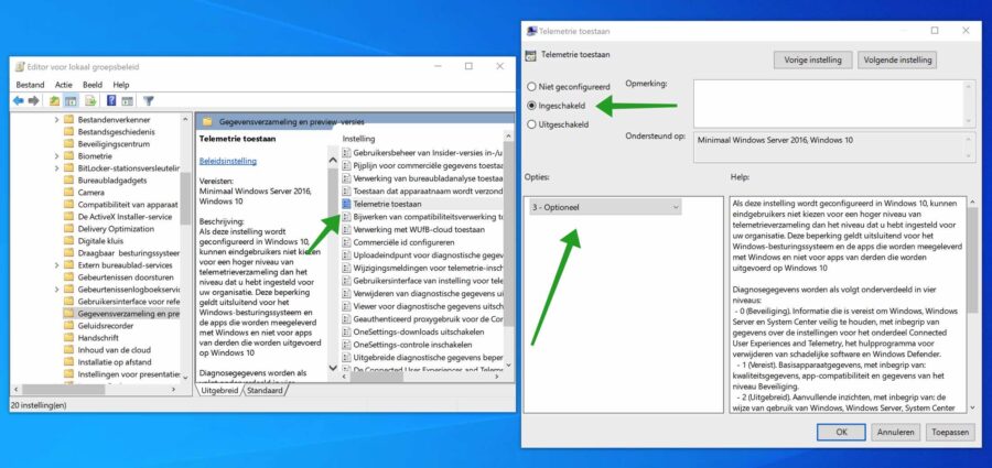 telemetrie toestaan in windows