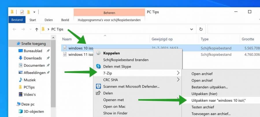 windows iso uitpakken met 7zip