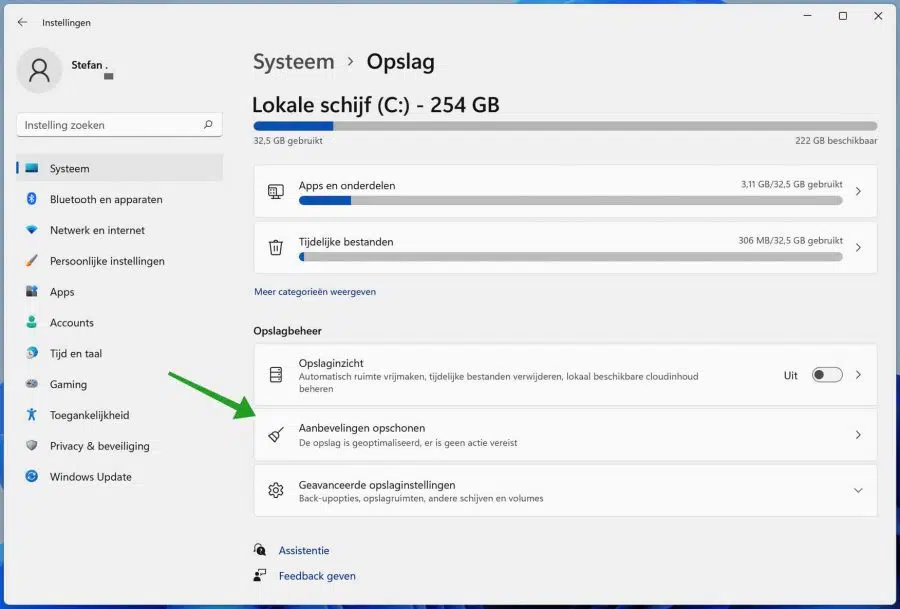 Aanbevelingen opschonen in Windows 11