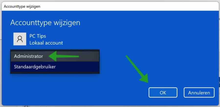 Accounttype aanpassen naar Administrator in Windows 11