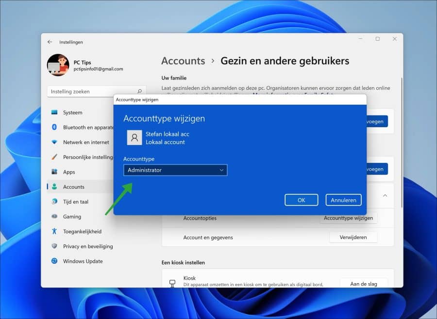 Accounttype wijzigen in Windows 11